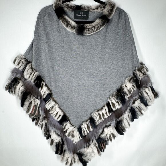 Diana Rosh New York Gray Wool Fur Poncho Rex Rabbit Silver Fox Fringe Mob Wife - Picture 1 of 6